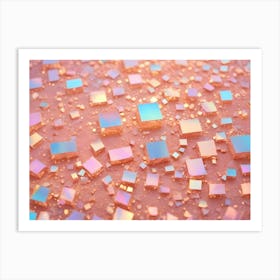 Image Of Small, Iridescent Squares Scattered On A Peach Colored Background, Resembling Crystals Or Gemstones Art Print