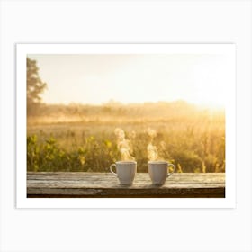 Two Coffee Cups On A Wooden Table Art Print