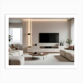 A Modern Living Room Interior With A White Sectional Sofa, Two Plants, A Coffee Table, A Tv, And Accent Lighting Art Print