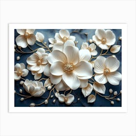 Sophisticated 3d Artwork Design, White and Blue Tones, Golden Jewelry, Floral Motifs 1 Art Print