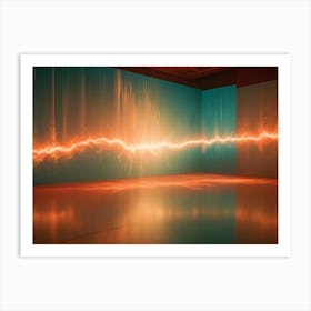 An Empty Room With A Large Screen Displaying A Digital Visualization Of A Soundwave With A Bright, Orange Glow Art Print