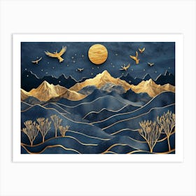 3d Modern Art With Dark Blue And Golden Wave Landscpe Art Print