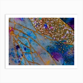 Blue and Gold Leaf Butterfly Wings Abstract Painting Art Print