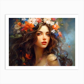 Upscaled An Oil Painting Of A Beautiful Woman With Flowers On Her Art Print