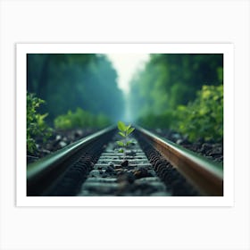 Tree Sprout Growing On Railroad Tracks Art Print