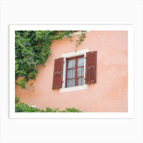 Summer vintage window with shutters on a pink wall with green Ivy in Italy - nature and travel photography by Christa Stroo photography Art Print