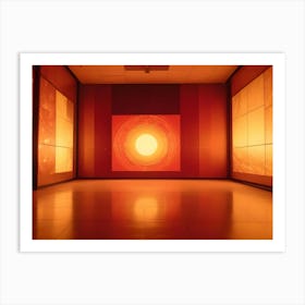 A Modern, Futuristic Interior With A Large, Square Screen Displaying A Glowing, Orange Sun Against A Swirling Background Art Print