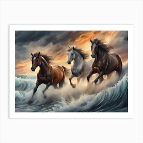 Horses In The Surf - Ai Art Print