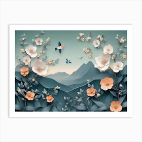 3d Floral Art With Branches Of Flowers, Herbs, Birds and Mountains Art Print