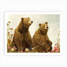 Floral Animal Illustration Brown Bear 1 Art Print