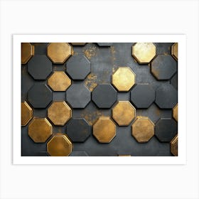 A Hexagonal Pattern On A With A Mix Of Metallic Gold And Dark Grey Textures Art Print