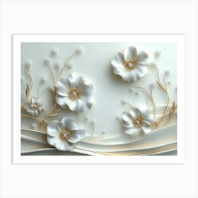 3d Artwork Illustration White Background With Golden Jewelry And Flower 2 Art Print