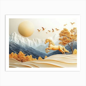 3d Horse, Golden Trees, Mountains, Suns, Birds on Modern Background with Trees Art Print