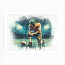 Football Player In The Rain Retro Watercolor 1 Art Print