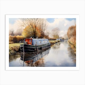 Moored Blue And Red Canal Boat Art Print