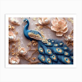 3d Peacock Illustration Background With Golden Jewelry And Flowers 1 Art Print