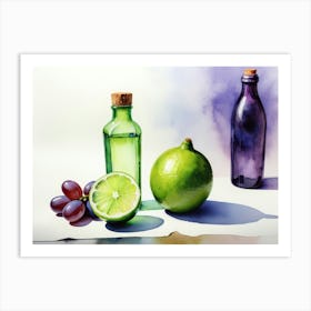 Lime and Grape near a bottle watercolor painting 1 Art Print