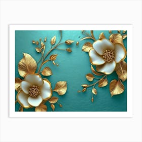 The Classic Design With Turquoise Shapes And Golden Branched Flowers In A Three Art Print