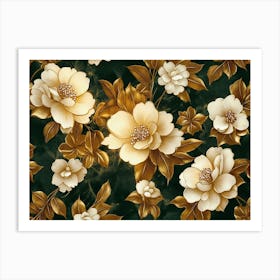 Luxury Floral Pattern with Flowers Elegant Texture Illustration in Golden, Green, White and Black Art Print