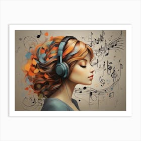 Girl With Headphones And Music Notes Art Print