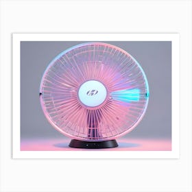 A White Electric Fan With A Silver Frame And Blue Led Lights, Set On A Pink And Blue Gradient Background Art Print