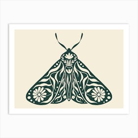 Folk Art Moth 03 - Midnight Green Art Print