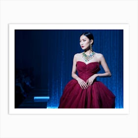 Asian Woman Posing Effortlessly In Haute Couture High Fashion Runway Walk Lavish Fabrics Cascading (3) Art Print