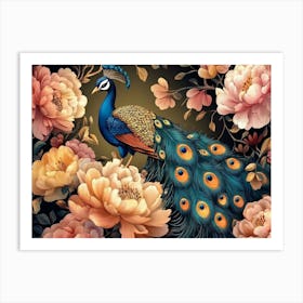 Seamless Floral Leather And Peacock 1 Art Print