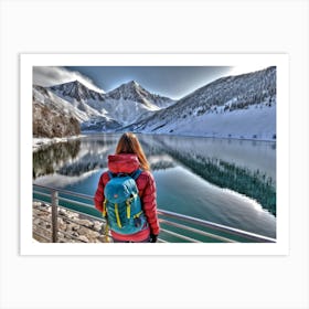 Woman trekking at snowy winter Alps, Rocky Mountains 4 Art Print