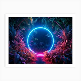 Neon Blue Circle Portal In A Tropical Forest Art Print