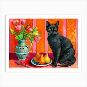 Black Cat With Pears 1 Art Print