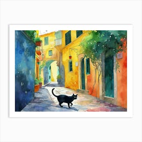 Black Cat In Caserta, Italy, Street Art Watercolour Painting 3 Art Print