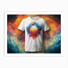 White T Shirt With A Geometric Logo And A Colorful Nebula Background Art Print