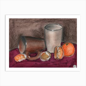 Cups And Clemetines - Anton Maliar painting figurative still life classic pastel grey orange red kitchen Art Print