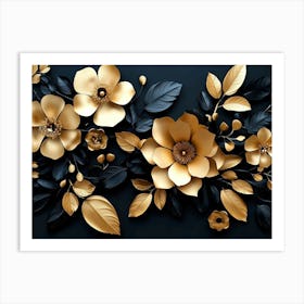 Gold Flowers On Black Background 7 Art Print