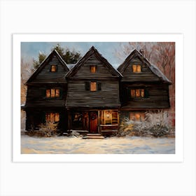 Salem Witch House in the Snow - Oil Painting Winter Witches Scene Witchy Art Print - Salem Witch Trials Halloween Samhain Yule Candlelight Spooky Vintage New England Art Print