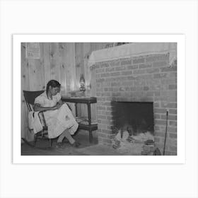 Wife Of Fsa (Farm Security Administration) Client Sewing In Front Of Fireplace In Her Home On Sabine Farms Art Print