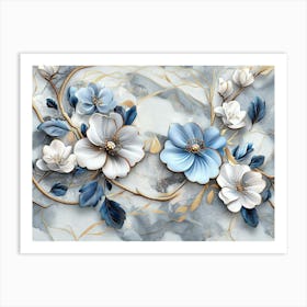 Art 3d Blue and White Flowers on A Marble Gray Background Art Print