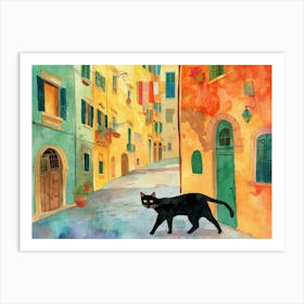 Black Cat In Pescara, Italy, Street Art Watercolour Painting 3 Art Print