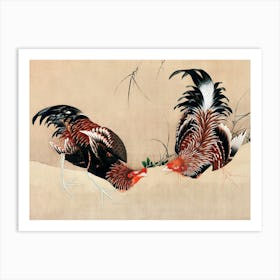 Japanese Ukiyo-E Two Roosters Fighting Art Print