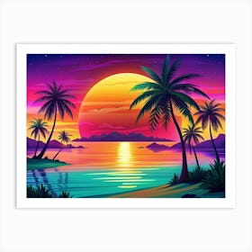 Vibrant Sunset Landscape With Palm Trees On The Beach Art Print