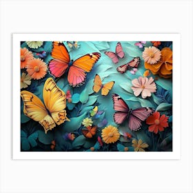 Floral Pattern With Colorful Butterflies Painting Art Print