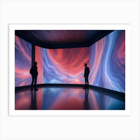 Two People Stand In Silhouette In Front Of A Large Screen Displaying An Abstract, Colorful Image Art Print