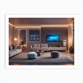 A Modern Living Room Interior With A White Sofa, A Coffee Table, And A Large Tv Screen Displaying A Smart Home Interface Art Print