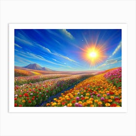 Colorful Flower Field With Mountain In Background Art Print