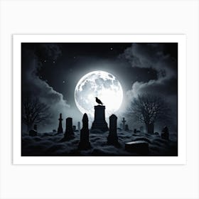 Full Moon Illuminating A Night Sky Clouded By Whispers Of Fog Gravestones Silhouetted Against The E (5) Art Print