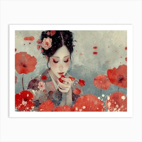 Geisha Grace: Elegance in Burgundy and Grey. Poppies Art Print