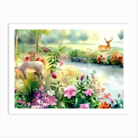 Watercolor Of Deer And Flowers Art Print