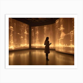 A Woman In A Dress Stands In A Room With A Curved Wall Displaying A Digital Cityscape With Glowing Lines Art Print