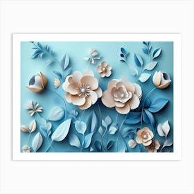 3d Floral Painting Light Blue Background Art Print